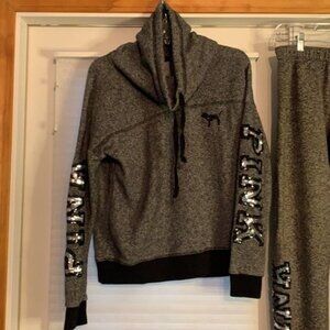 PINK Victoria's Secret VS Grey Sequin Set Sweatshirt Sweatpants Joggers Small